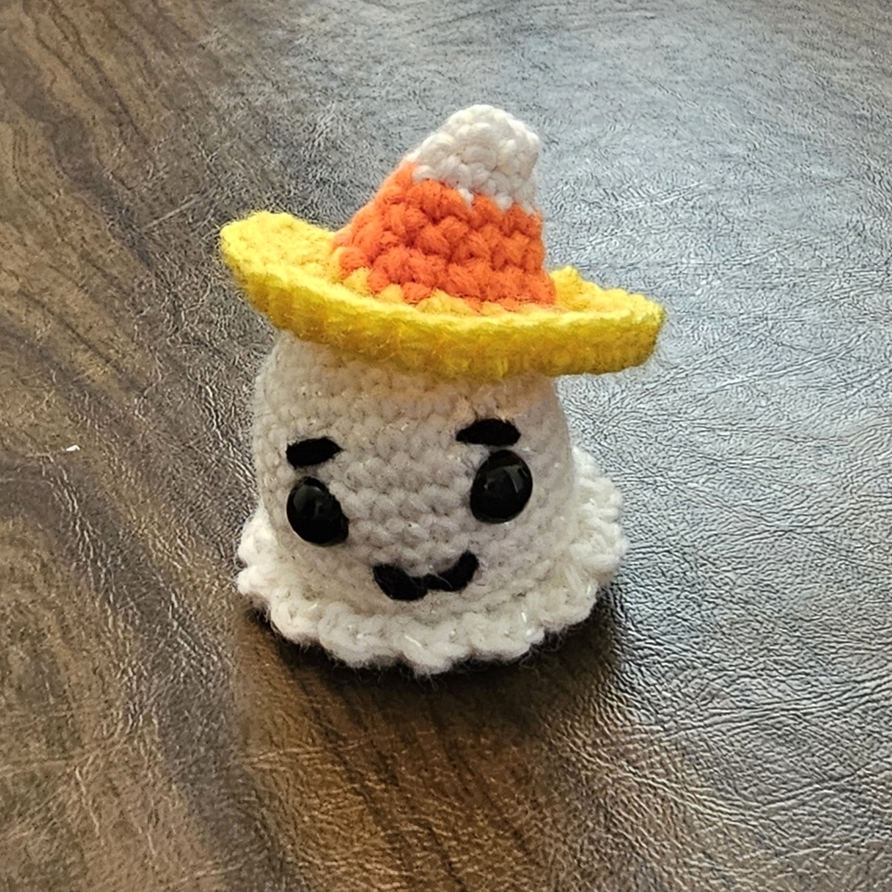 Crocheted  #Ghost Stuffed Toy with Yellow Hat!